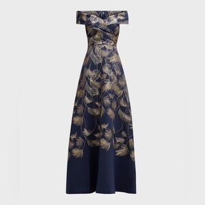 Rickie Freeman For Teri Jon Off-Shoulder Navy & Metallic Jacquard Gown